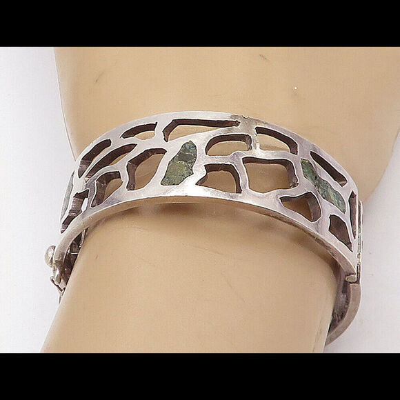 TAXCO MEXICO 925 Silver Vintage Jasper Cutout Pattern Bangle Bracelet BT2920